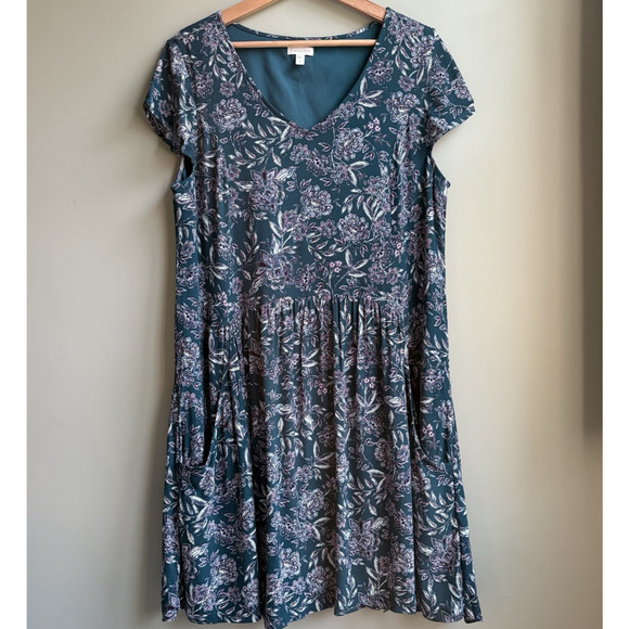 Garnet Hill Teal Floral Paisley V-neck Fit & Flare Dress Lined Pockets 12 Boho - Picture 1 of 16